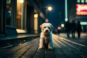 ein klein Hund Sitzung auf das Bürgersteig beim Nacht. KI-generiert foto