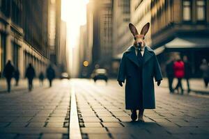 ein Hase gekleidet im ein passen und Krawatte Gehen Nieder ein Stadt Straße. KI-generiert foto