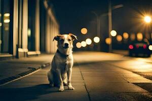 ein Hund Sitzung auf das Bürgersteig beim Nacht. KI-generiert foto