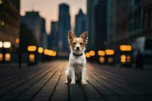 ein Hund Sitzung auf ein Backstein Gehweg im Vorderseite von ein Stadt. KI-generiert foto