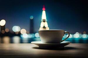 ein Tasse von Kaffee auf ein Tabelle im Vorderseite von ein Stadtbild. KI-generiert foto