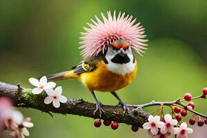 ein Vogel mit ein Blume auf es ist Kopf. KI-generiert foto