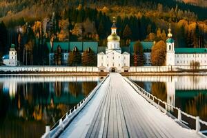 ein Brücke Über ein See mit ein Kirche im das Hintergrund. KI-generiert foto