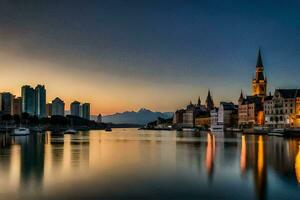 ein Stadt Horizont beim Sonnenuntergang mit ein Fluss und Gebäude. KI-generiert foto