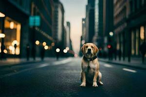 ein Hund Sitzung auf das Straße im ein Stadt. KI-generiert foto