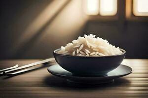ein Schüssel von Reis sitzt auf ein Tabelle Nächster zu Essstäbchen. KI-generiert foto