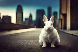 ein Weiß Hase Sitzung auf das Straße im Vorderseite von ein Stadt. KI-generiert foto