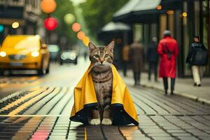 ein Katze im ein Regenjacke auf ein Straße. KI-generiert foto