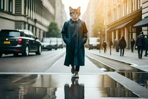 ein Katze tragen ein Regenjacke und Gehen auf ein Stadt Straße. KI-generiert foto