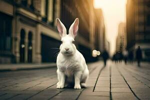 Weiß Hase Sitzung auf das Straße im das Stadt. KI-generiert foto