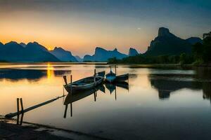 Boote angedockt auf das Fluss beim Sonnenuntergang mit Berge im das Hintergrund. KI-generiert foto