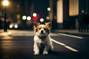 ein Hund Sitzung auf das Straße beim Nacht. KI-generiert foto