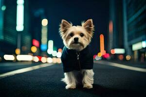 ein klein Hund im ein Jacke Stehen auf das Straße beim Nacht. KI-generiert foto