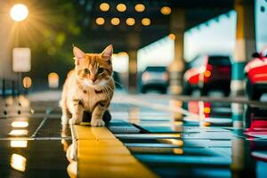 ein Katze Gehen auf ein nass Straße beim Nacht. KI-generiert foto