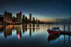 ein Boot sitzt auf das Dock im Vorderseite von ein Stadt Horizont. KI-generiert foto