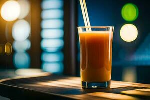 ein Glas von Orange Saft mit ein Stroh auf ein Tisch. KI-generiert foto