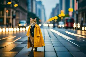 ein Katze im ein Gelb Mantel Stehen auf ein Stadt Straße. KI-generiert foto