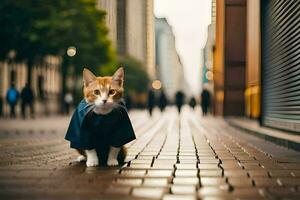 ein Katze tragen ein Jacke auf ein Backstein Straße. KI-generiert foto
