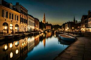 ein Kanal im das Stadt beim Nacht mit Boote. KI-generiert foto