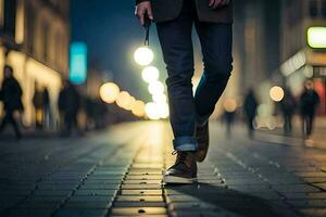 ein Mann Gehen Nieder ein Stadt Straße beim Nacht. KI-generiert foto