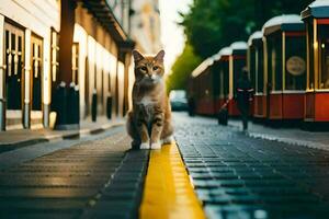 ein Katze ist Gehen Nieder ein Straße im das Stadt. KI-generiert foto