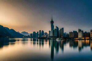 das Stadt Horizont ist reflektiert im das Wasser beim Sonnenuntergang. KI-generiert foto