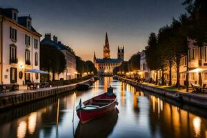 ein Boot ist auf ein Kanal beim Nacht mit ein Kirche im das Hintergrund. KI-generiert foto