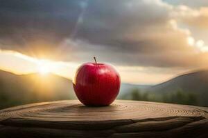 ein Apfel sitzt auf oben von ein hölzern Tabelle mit das Sonne Rahmen hinter Es. KI-generiert foto