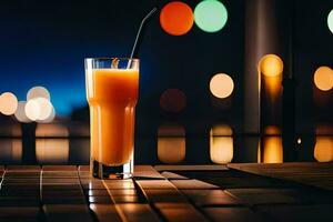 ein Glas von Orange Saft Sitzung auf ein Tabelle im Vorderseite von ein Stadt Horizont. KI-generiert foto