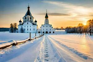 ein Kirche im das Schnee mit ein Pfad führen zu Es. KI-generiert foto