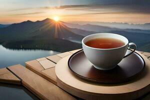 ein Tasse von Tee auf ein hölzern Tabelle mit ein Aussicht von Berge. KI-generiert foto