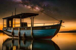ein Boot Sitzung auf das Wasser beim Sonnenuntergang. KI-generiert foto