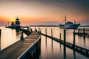 Foto Hintergrund das Himmel, Wasser, Boot, Dock, Leuchtturm, Sonnenuntergang, Boot, Dock,. KI-generiert