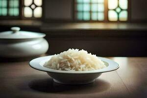 ein Schüssel von Reis sitzt auf ein Tabelle im Vorderseite von ein Fenster. KI-generiert foto