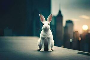 ein Weiß Hase Sitzung auf ein Leiste im Vorderseite von ein Stadt Horizont. KI-generiert foto