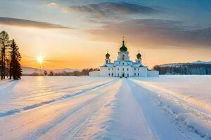 ein Kirche im das Schnee beim Sonnenuntergang. KI-generiert foto