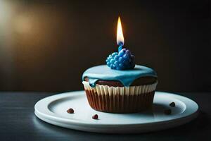 ein Blau Cupcake mit ein Kerze auf oben. KI-generiert foto