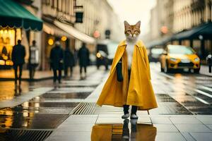 ein Katze im ein Gelb Mantel Gehen Nieder ein Straße. KI-generiert foto