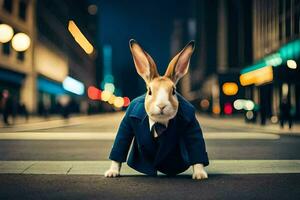 ein Hase im ein passen und Krawatte Stehen auf das Straße. KI-generiert foto