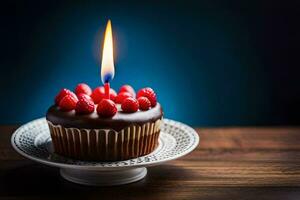 ein Schokolade Cupcake mit Himbeeren auf oben. KI-generiert foto