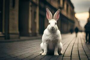 Weiß Hase Sitzung auf das Straße. KI-generiert foto