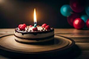 ein Geburtstag Kuchen mit ein Single Kerze auf oben. KI-generiert foto