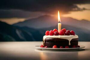 ein Schokolade Kuchen mit Himbeeren auf oben und ein zündete Kerze. KI-generiert foto