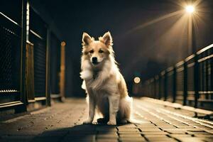 ein Hund Sitzung auf ein Backstein Gehweg beim Nacht. KI-generiert foto