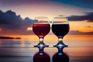 zwei Brille von Wein auf das Strand beim Sonnenuntergang. KI-generiert foto