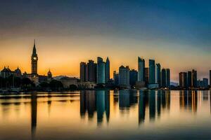 das Horizont von abu Dhabi beim Sonnenuntergang. KI-generiert foto