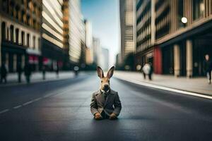 ein Hase im ein passen Sitzung auf das Straße. KI-generiert foto