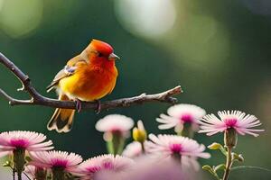 ein rot Vogel sitzt auf ein Ast mit Rosa Blumen. KI-generiert foto