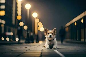 ein Hund Sitzung auf das Boden im Vorderseite von ein Stadt Straße Licht. KI-generiert foto