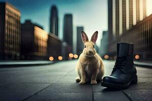 ein Hase ist Sitzung auf das Boden Nächster zu ein Paar von Stiefel. KI-generiert foto